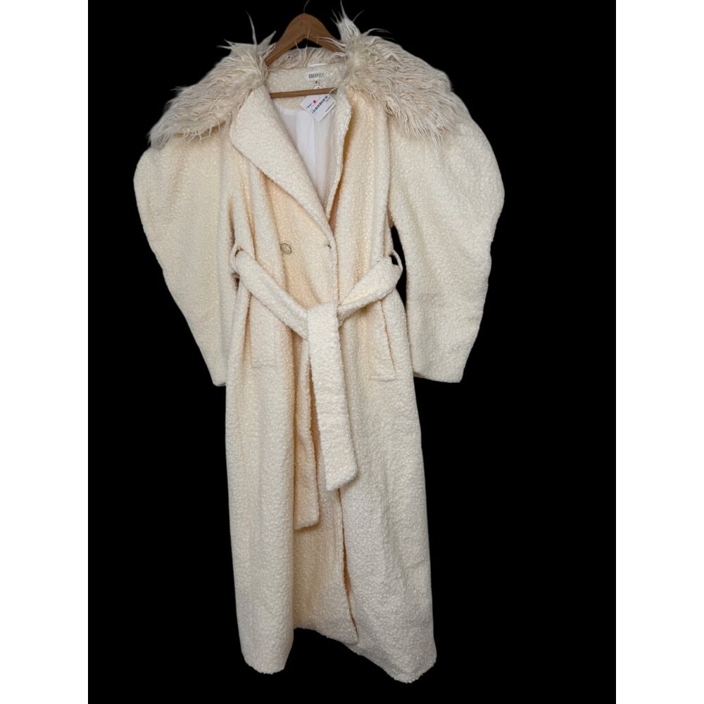 NWT Ghospell Cream Tape Bouclé Teddy Coat With Faux Fur Collar & Belted Waist Sz - Picture 2 of 13